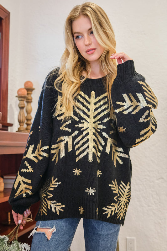 Foil Snowflake Round Neck Sweater - Winterwear for Women