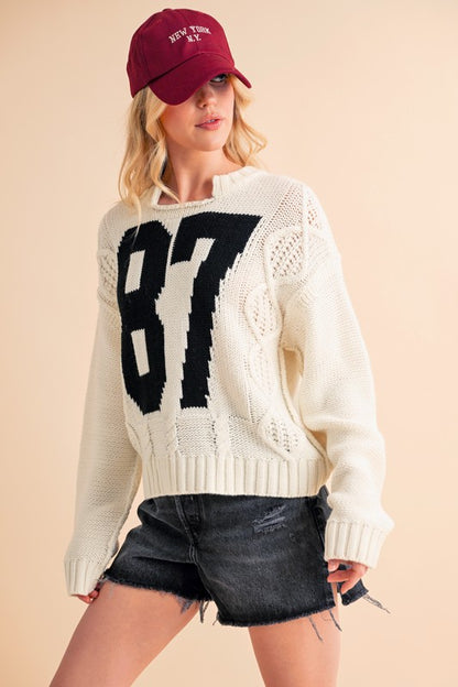 Contrast Number Cable Knit Drop Shoulder Sweater for Women