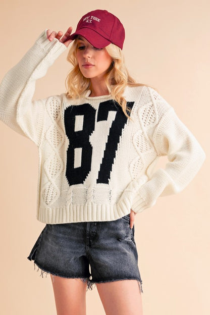 Contrast Number Cable Knit Drop Shoulder Sweater for Women