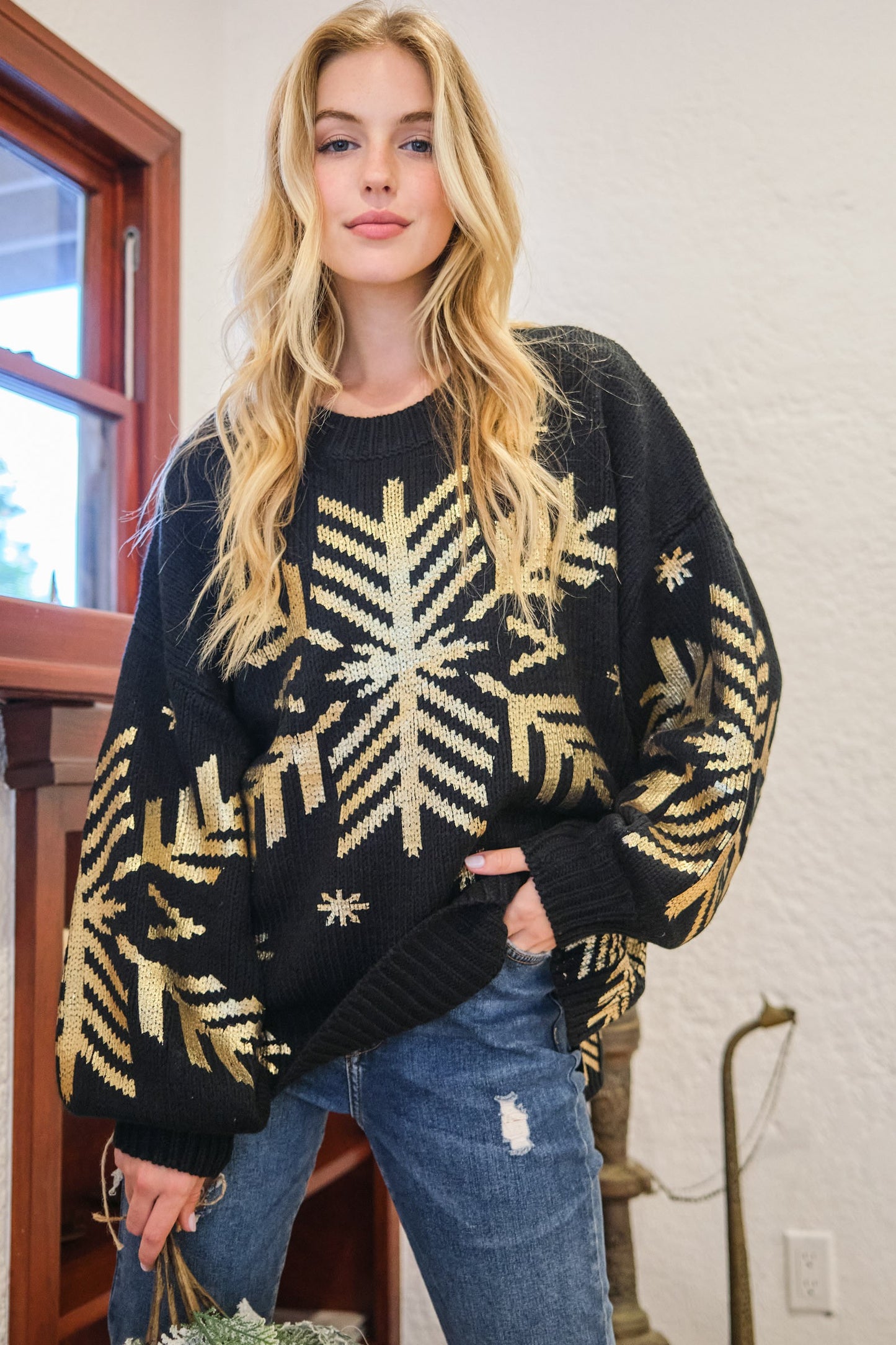 Foil Snowflake Round Neck Sweater - Winterwear for Women