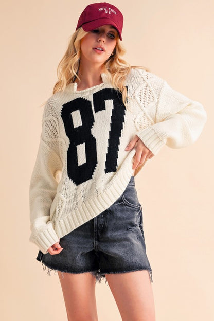 Contrast Number Cable Knit Drop Shoulder Sweater for Women