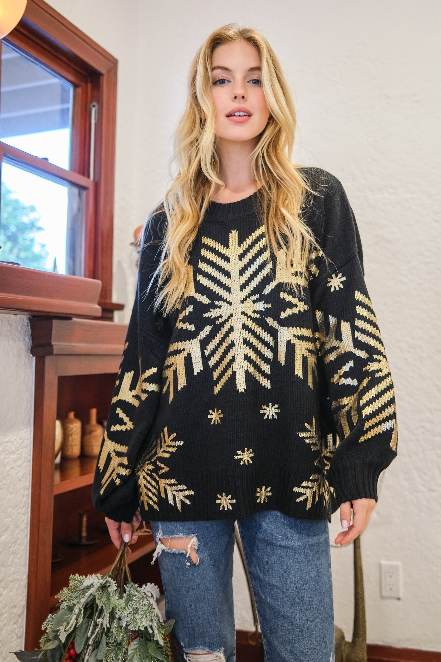 Foil Snowflake Round Neck Sweater - Winterwear for Women