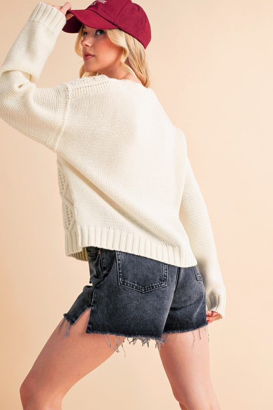 Contrast Number Cable Knit Drop Shoulder Sweater for Women